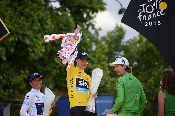 2015年のツール・ド・フランスで最終的にジャージを獲得したのはこの3名。フルームは2つのジャージを獲得した。
