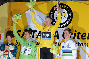 優勝はクリス・フルーム選手、2 位はペーター・サガン選手、3 位はルイ・コスタ選手がクリテリウムメインレースの表彰台を飾った。
