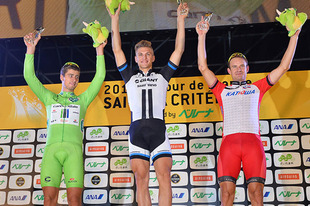 優勝のマルセル・キッテル選手、2 位のペーター・サガン選手、3 位のアレクサンドル・クリストフ選手がメインレースの表彰台に。